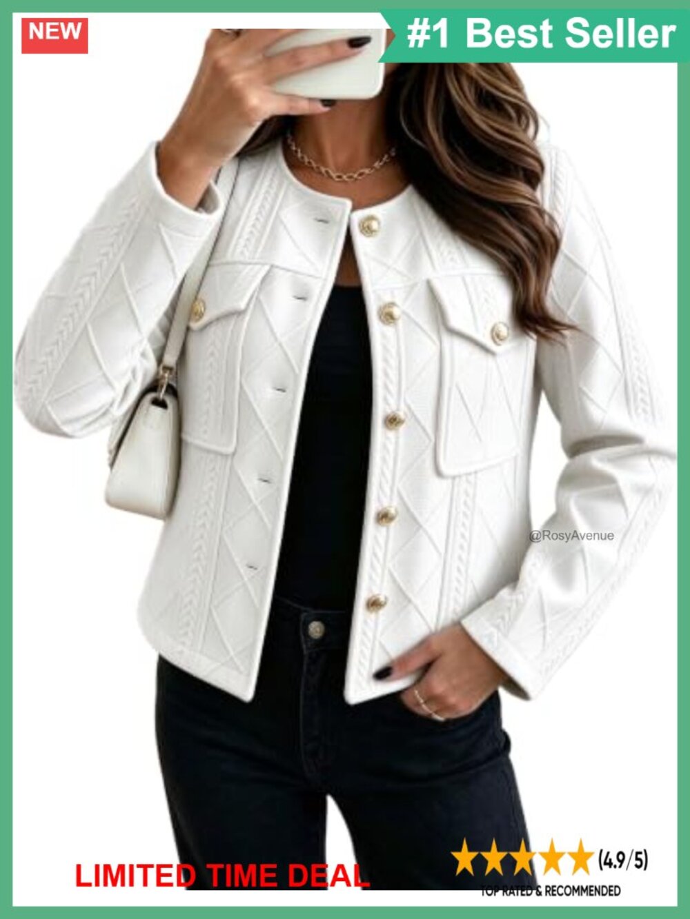 Cable Embossed Collarless Blazer Gold Button Business Casual Jacket